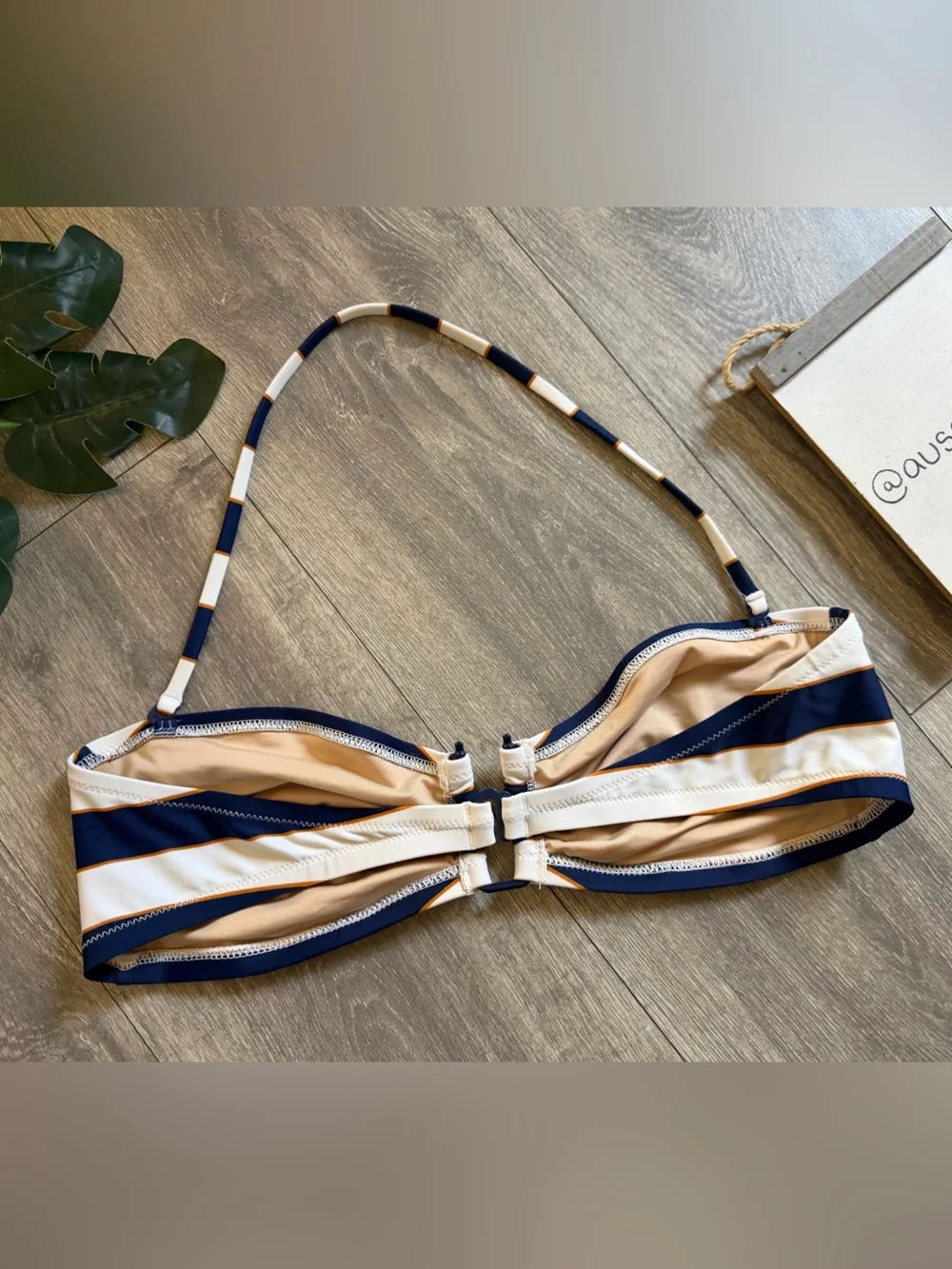 J. Crew Navy Gold and White Striped U Bar Bandeau Bikini Top w Halter Strap. L